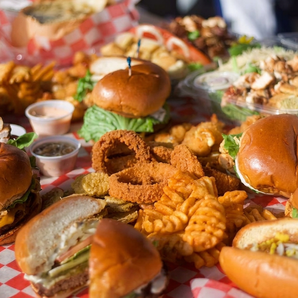 Assorted burgers, a hot dog, fried onion rings, curly fries, sauces, and striped cups fill a checkered picnic table.