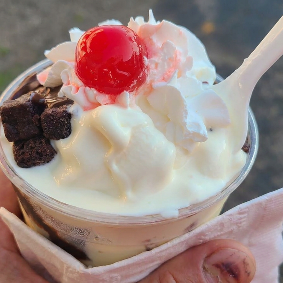 Close-up of a creamy dessert topped with whipped cream, a red cherry, chocolate brownie pieces, and a spoon.