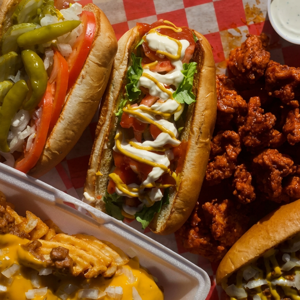 Assorted American comfort food includes loaded hot dogs, buffalo wings, fried chicken, cheese fries, and dipping sauce on checkered paper.